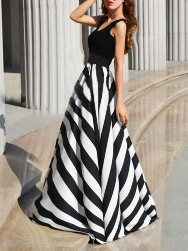Round Neck  Striped Maxi Dress