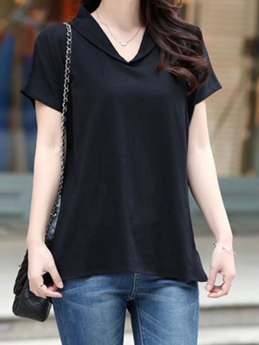 Summer  Cotton  Women  V-Neck  Asymmetric Hem  Plain Short Sleeve T-Shirts