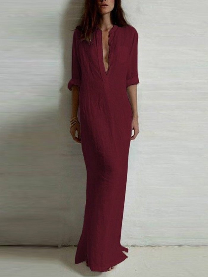 Casual Long Sleeve Solid A-line Plunging Neck Maxi Dress
