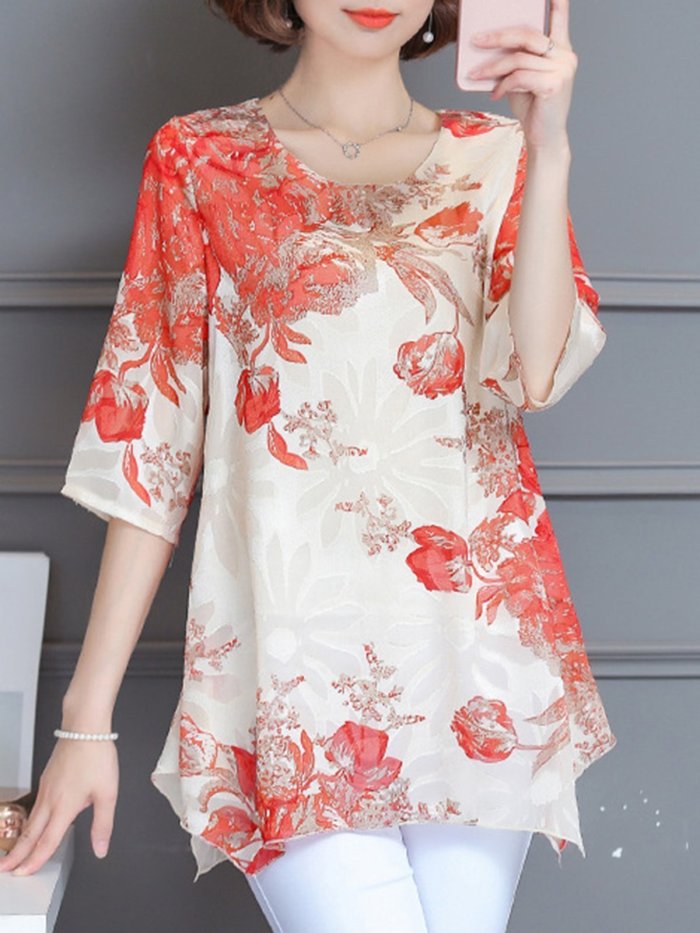 Red Casual Asymmetrical Floral 3/4 Sleeve Blouse