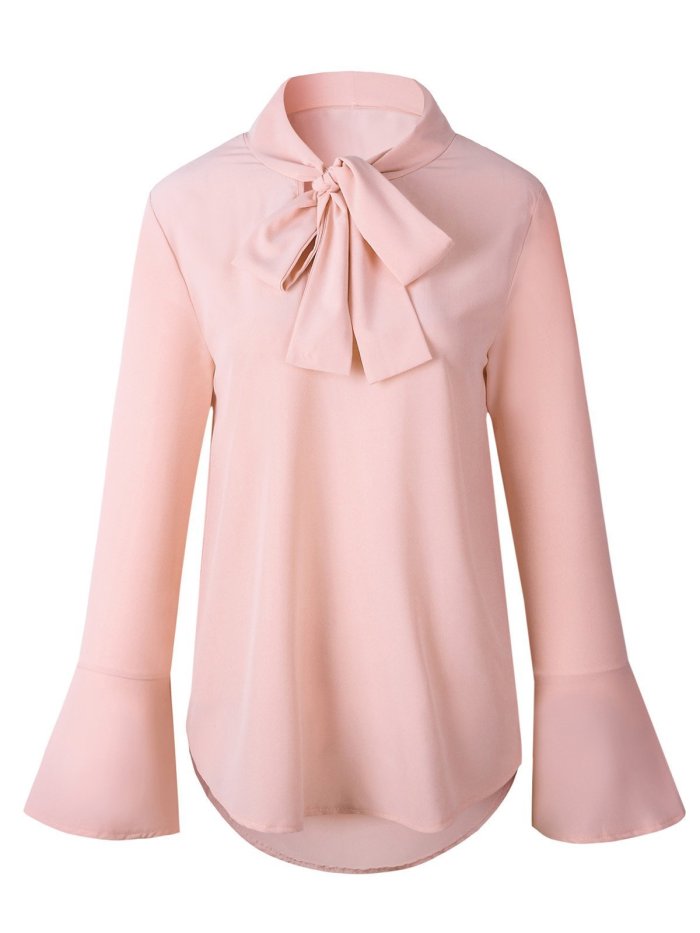 V Neck Frill Sleeve Solid Bow Blouse