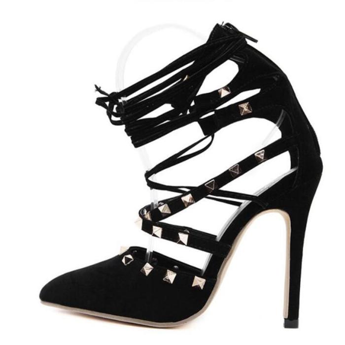 Bootie Hollow Cross Lace Up Rivets Stiletto High Heels Shoes