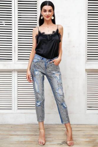 Sequin Hole Ripped Blue Jeans