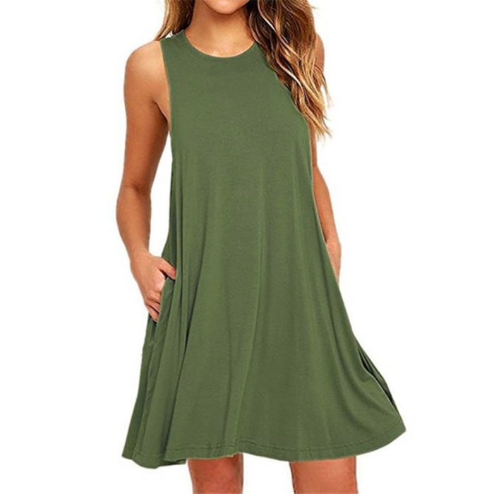 New Sleeveless Round Collar Solid Color Skater Dress With Pockets