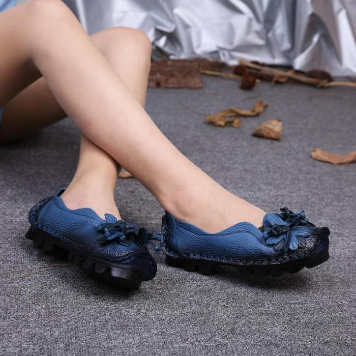 Flower Cowhide Women's Slip-On Loafers
