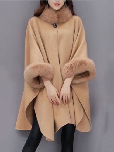 Faux Fur Collar  Frayed Trim  Plain  Batwing Sleeve Coat
