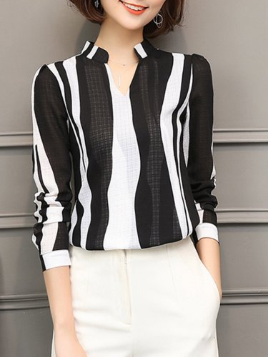 V-Neck Printed Striped Elegant Blouse