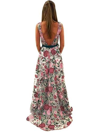 Floral Embroidery Sleeveless Maxi Dress Evening Dress