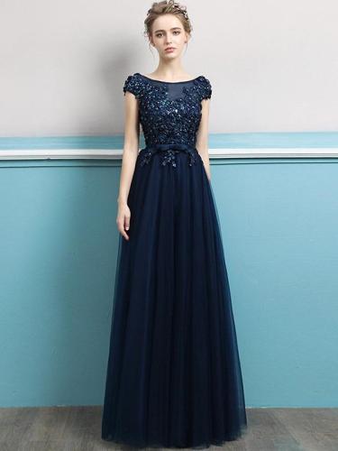 Embroidery Sequined Solid Color Sleeveless Tulle Stitching Prom Dresses