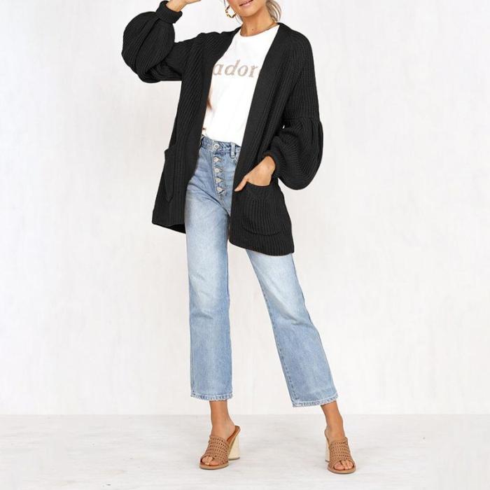 Fashion Plain Long Lantern Sleeve Pocket Knitting Cardigans Coats