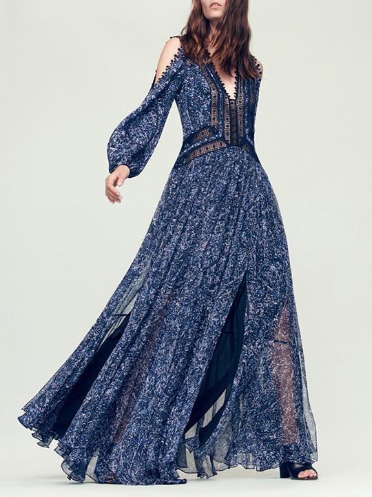 Blue Puff Sleeves Off-the-shoulder Maxi Dress