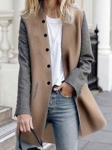 Band Collar Single Breasted Color Block Woolen Jacket