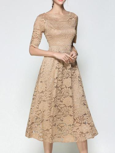 In Stock Solid Color Lace Hollow Off-Shoulder Short Sleeves Midi Dress