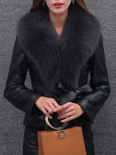 Faux Fur Collar Elastic Waist Plain PU Leather Jacket