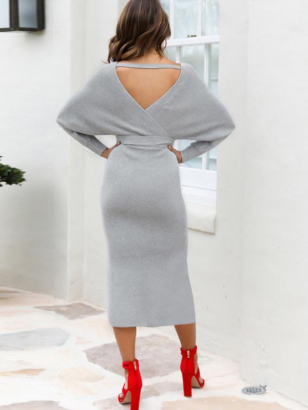 Sexy women plain knit long sleeve tie waist bodycon dresses