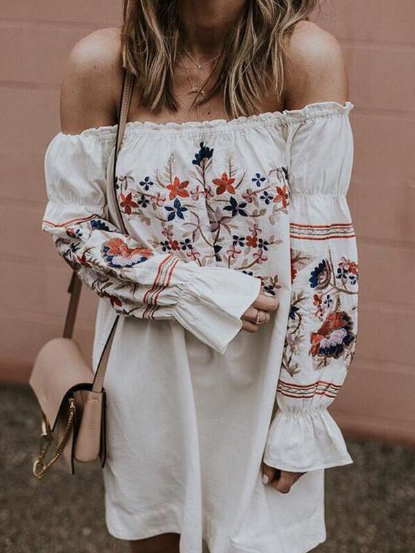 Sexy Embroidered Off-The-Shoulder Flared Sleeves Mini Dress