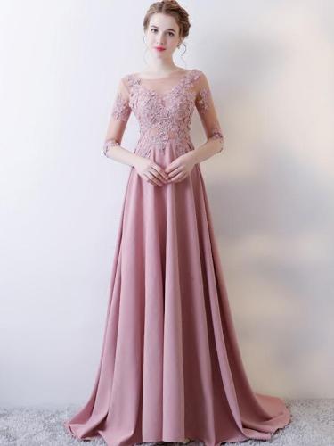 Lace Applique Solid Color O-Neck Backless Elegant Tailing Wedding Dress Evening Dresses