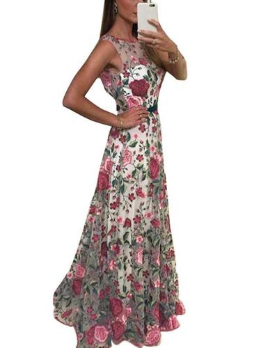 Floral Embroidery Sleeveless Maxi Dress Evening Dress