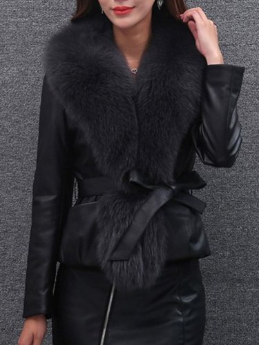 Faux Fur Collar Elastic Waist Plain PU Leather Jacket