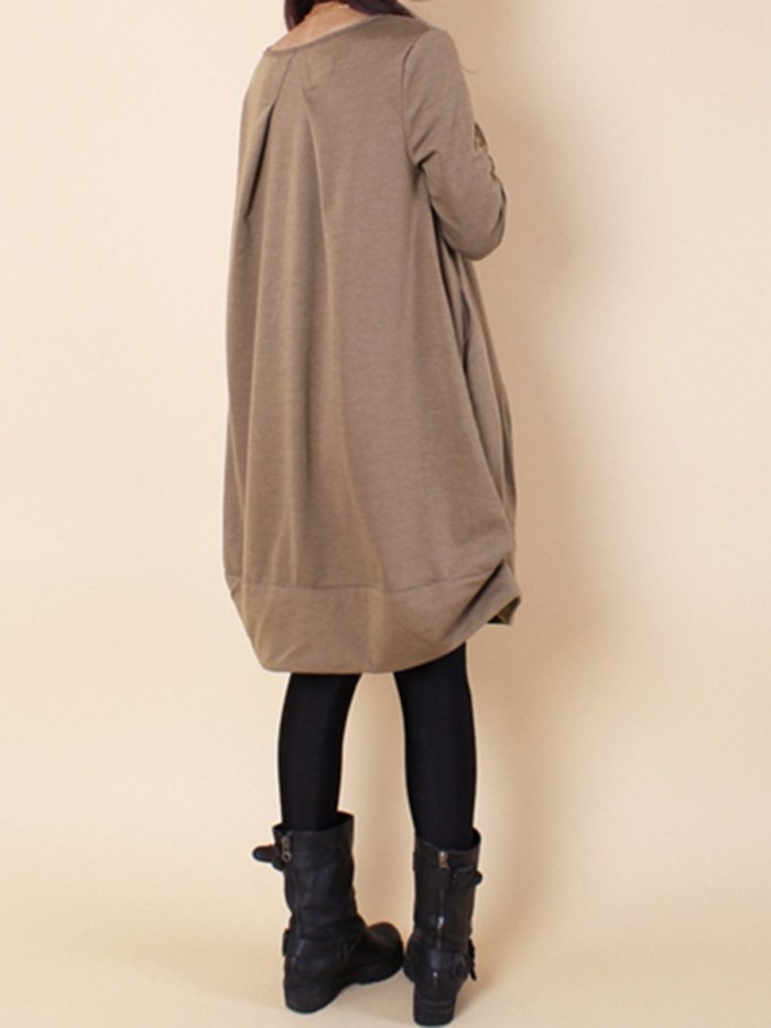 Casual Round Neck Solid Pocket Shift Dress