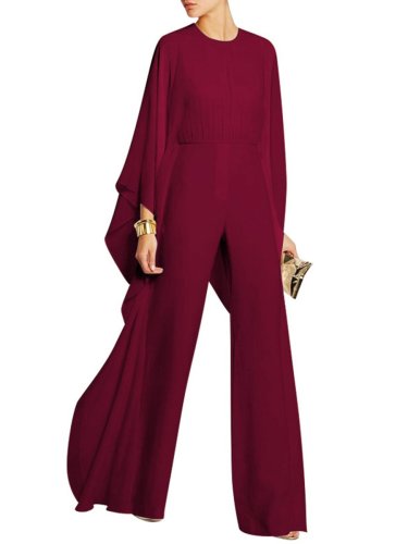 Solid Cape Sleeve Hollow Out Chiffon Wide-Leg Jumpsuit