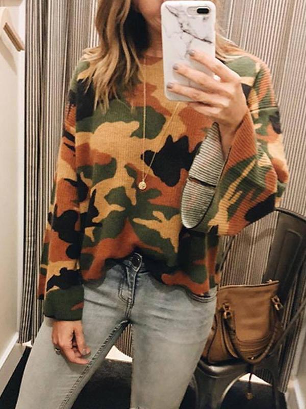 Round Neck Camouflage Printed Long Flare Sleeve Knitting Sweaters