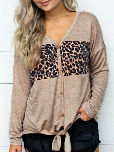 Casual Chic Loose Leopard Print Button V Collar Long Sleeve Blouse