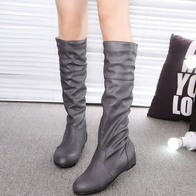 Woman Plain Wrinkled High Boots