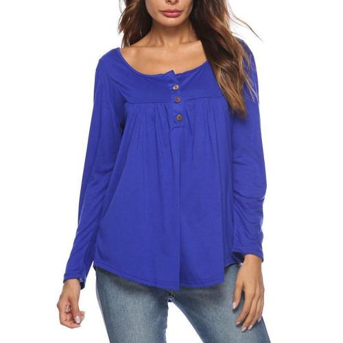 Round Neck Button Long Sleeve Plain Casual T-Shirts