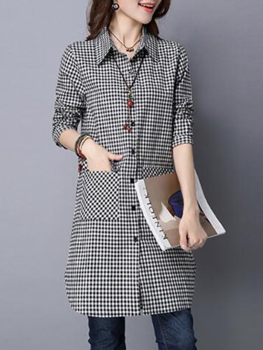 Turn Down Collar  Single Breasted  Plaid  Long Sleeve Trench Coats
