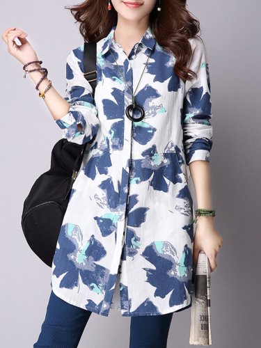 Turn Down Collar  Printed  Long Sleeve Trench Coats