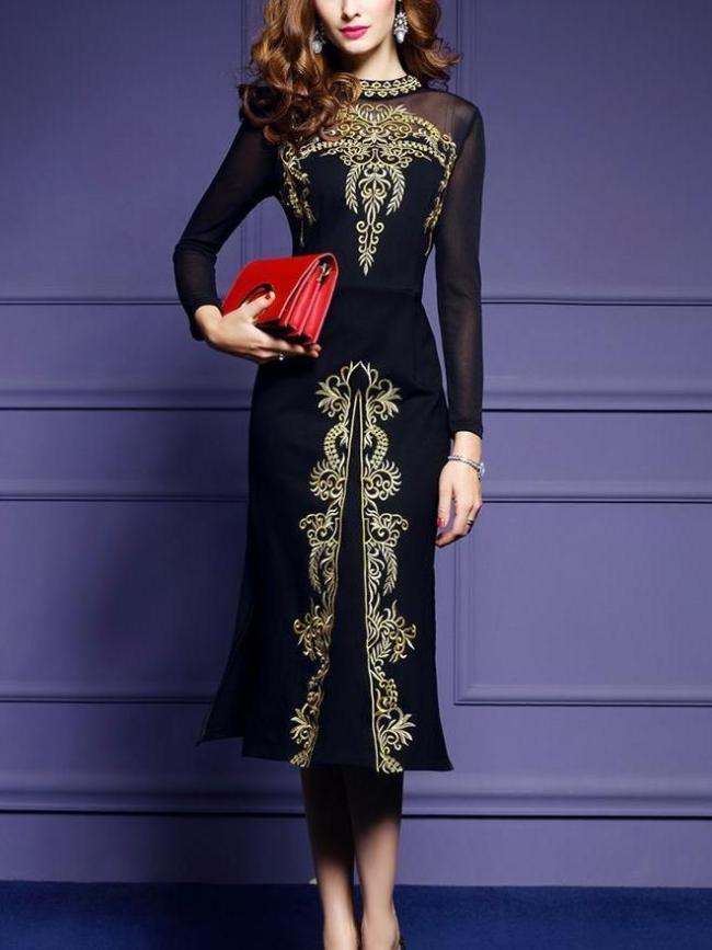 Embroidered Mesh Long-Sleeved Evening Dress
