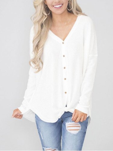 V Neck Button Tie Autumn Long Sleeve Sweater