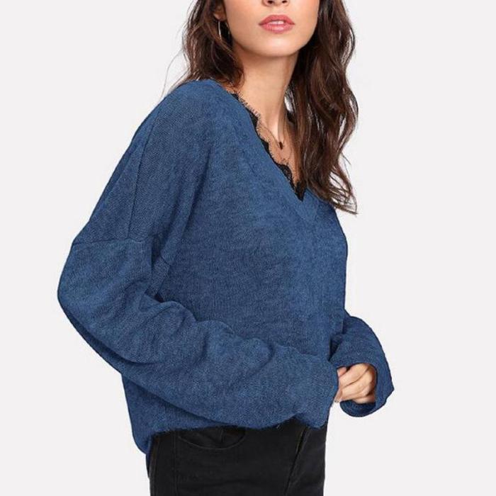 Woman V Neck Lace Patchwork Long Sleeve Knitting Sweaters