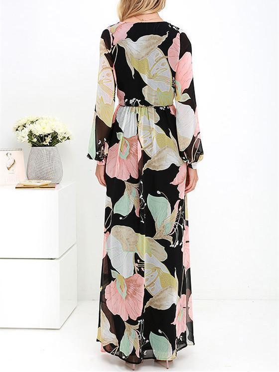 Pretty Side Split Floral Printed V Neck Long Sleeves Maxi Dress