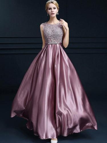 Bowknot Lace Contrast O-Neck Sleeveless Long Evening Dresses
