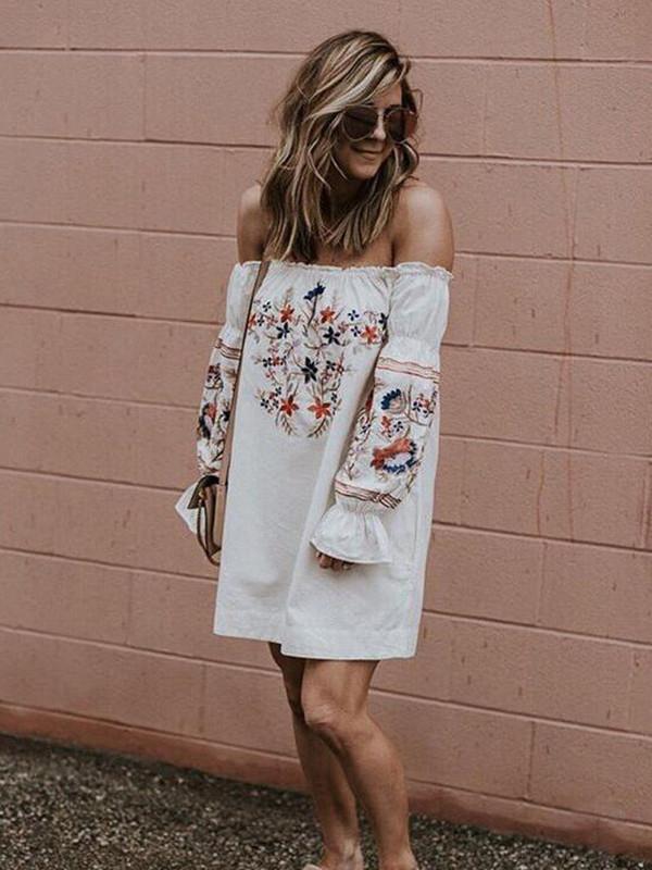 Sexy Embroidered Off-The-Shoulder Flared Sleeves Mini Dress