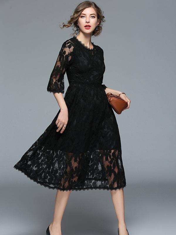 3/4 Sleeves Lace Hollow Midi Dress