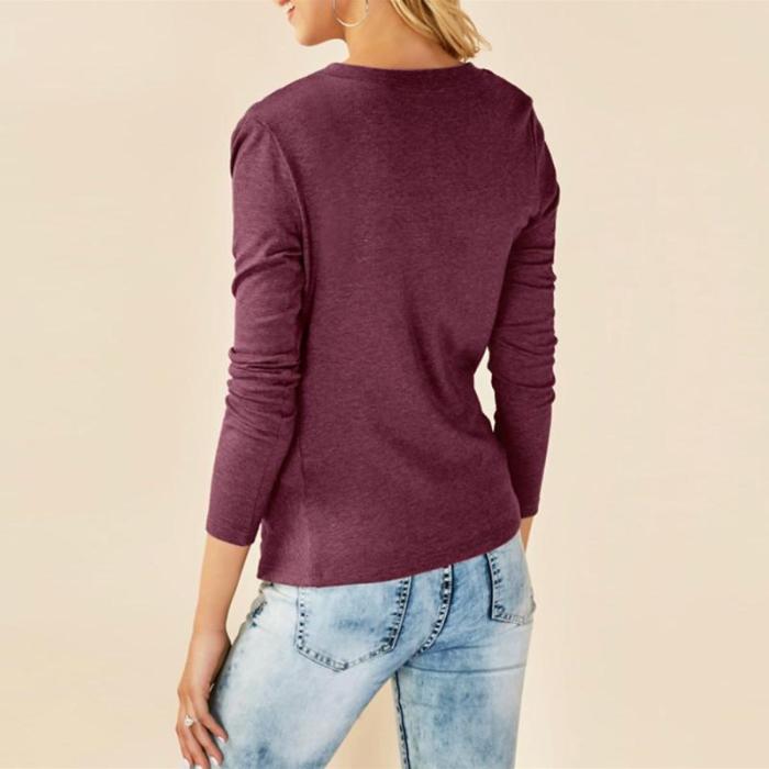 Round Neck Asymmetrical Pleated Long Sleeve T-Shirts