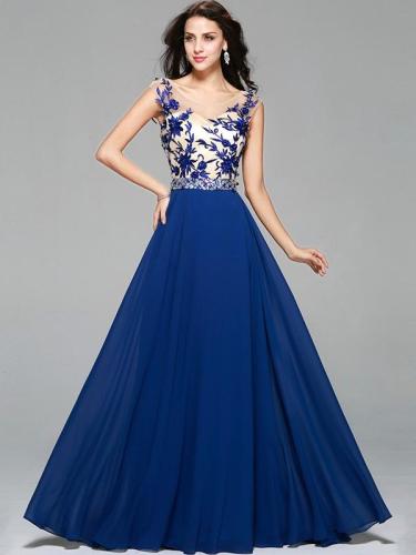 Embroidery Sequined Contrast O-Neck Sleeveless Backless Evening Dresses