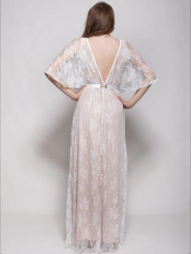 White Lace Hollow V-back Evening Dress