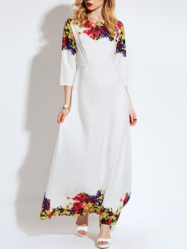 Round Neck  Printed  Polyester Maxi Dress