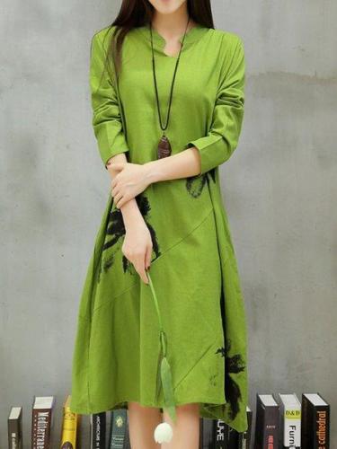 Green Stand Collar Floral Casual Dress