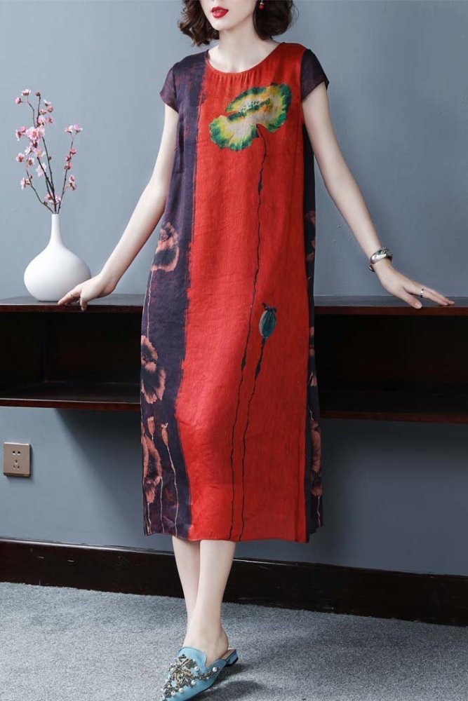 Short sleeve printed silk midi dress