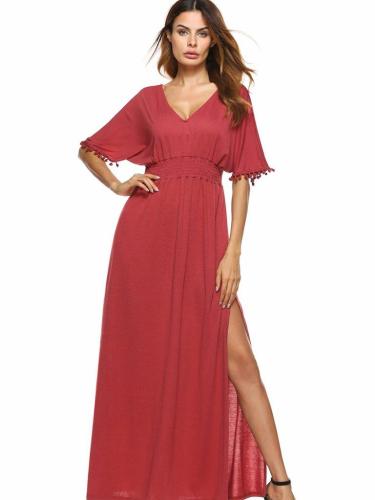 Simple Red V-Neck Short Sleeve Elastic Waist Evening Dress