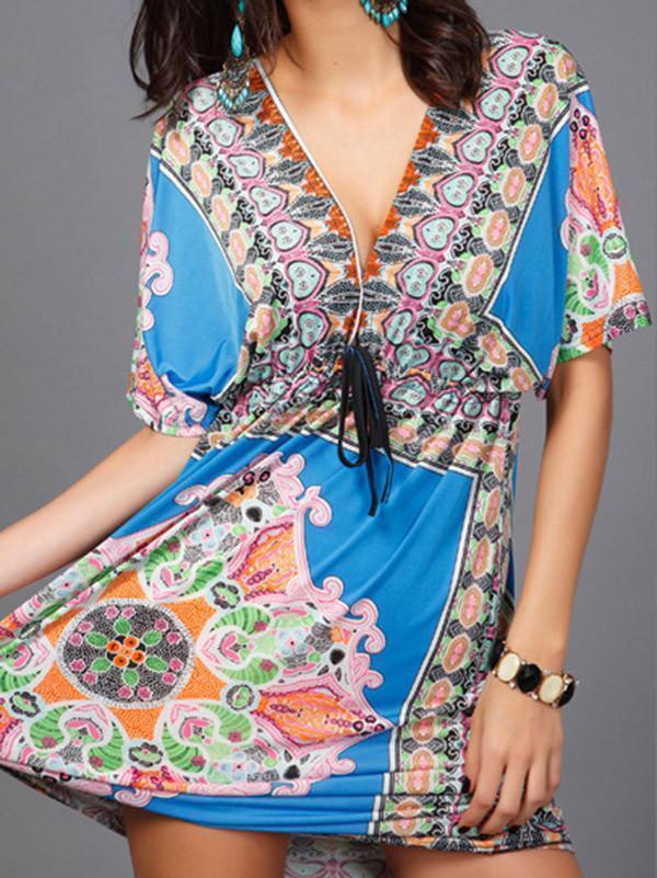 Beautiful Bohemia Floral Print Short Sleeve V Neck Mini Dress