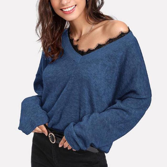 Woman V Neck Lace Patchwork Long Sleeve Knitting Sweaters