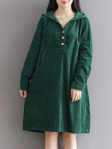 Buttoned Long Sleeve Casual Hoodie Dress