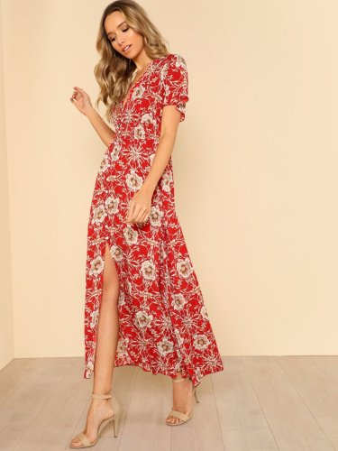 Button Up Shirred Waist Floral Maxi Dress