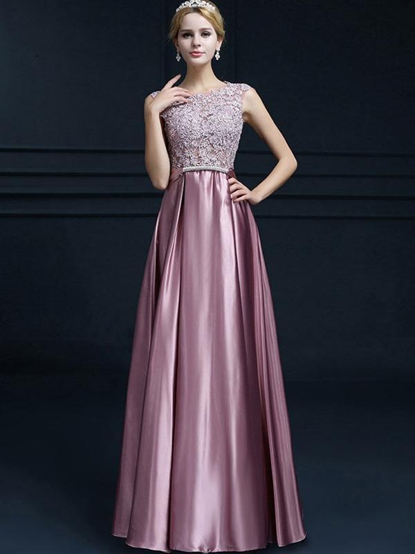Bowknot Lace Contrast O-Neck Sleeveless Long Evening Dresses
